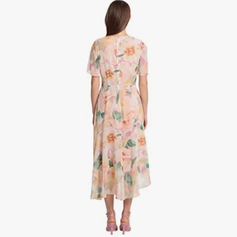 Maggy London Floral Asymmetric Hem Short Flutter Sleeve Midi Dress NWT Size 14W - Picture 3 of 9